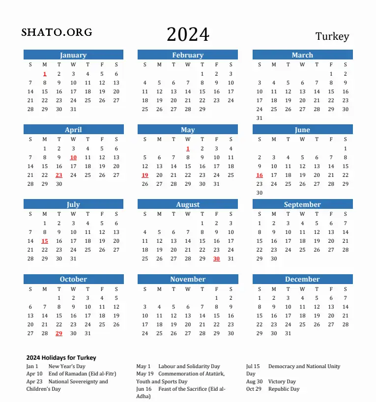 تقویم 2024 ترکیه به انگلیسی